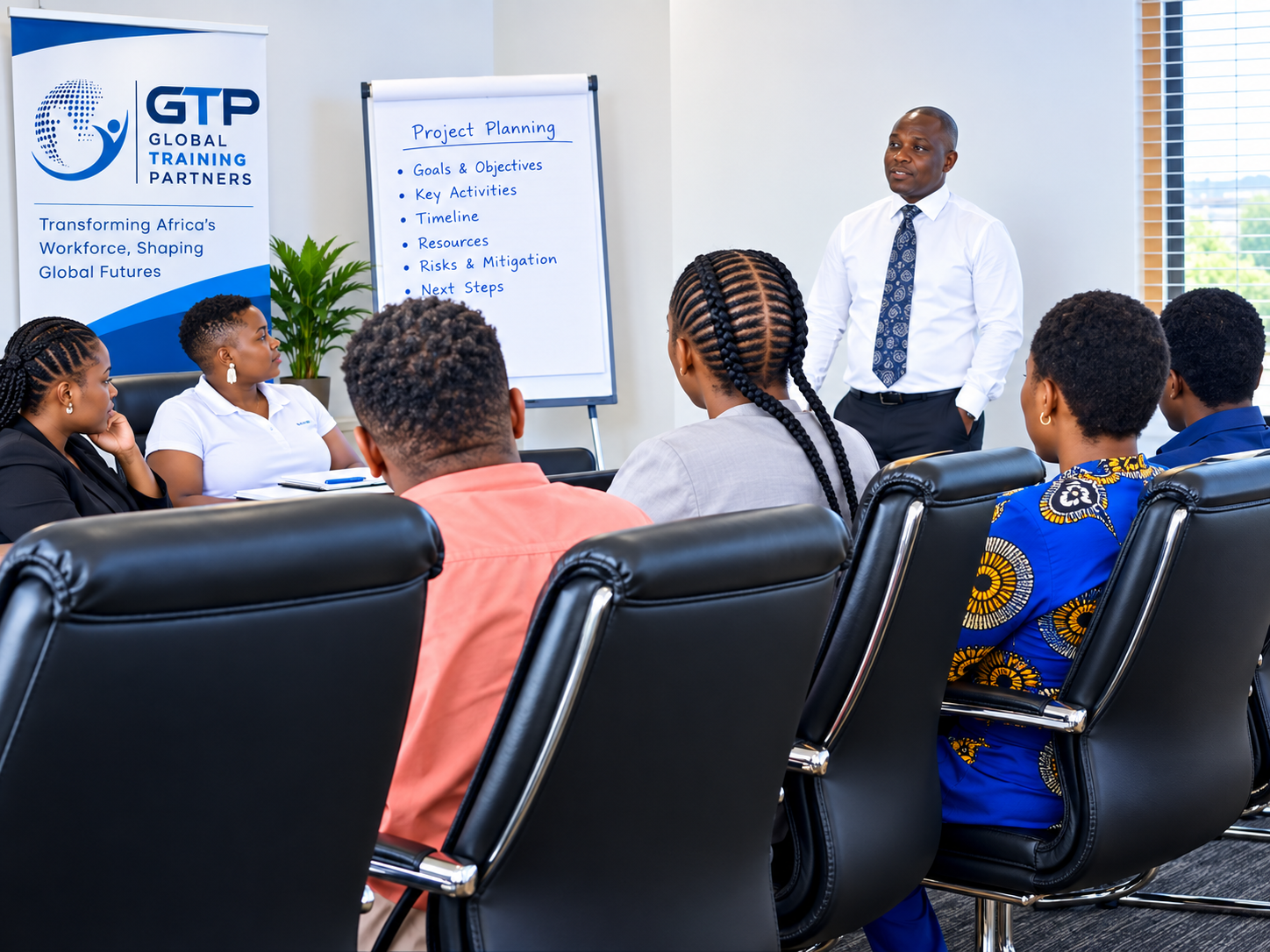 African professionals collaborating in a corporate training environment